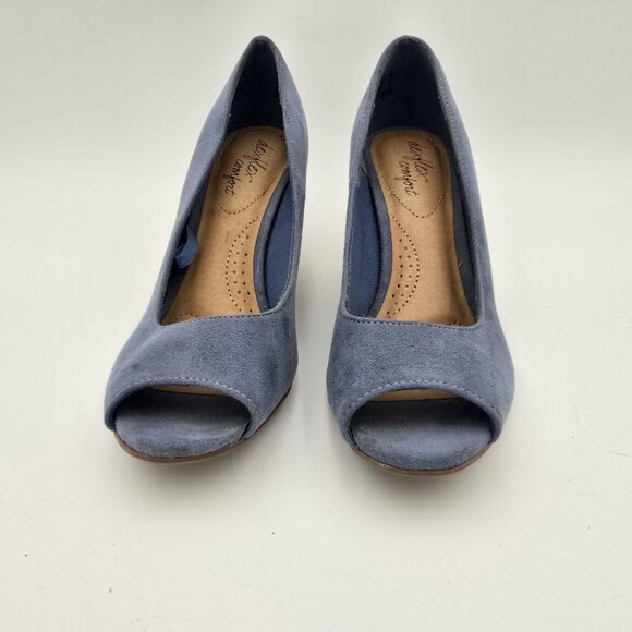Clarks Collection Peep Toe Wedge Heels Blue Suede Comfort Shoes Womens Size 5 - Picture 3 of 7